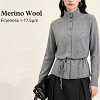 Cardigan en laine 100 % GOTS BSCI à revers ceinturé, tricot de créateur décontracté et tendance, style chic français, doux et chaud – Meilleures ventes