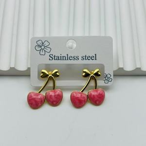 Hot-selling Oil-drop Style Cherry Simulated Sweet 18k Gold Stainless Steel <b>Red</b> Green <b>Earrings</b> Wholesale - Product Image 3