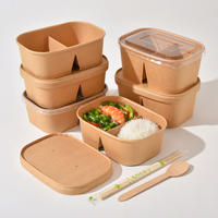 Bol en papier kraft rectangulaire à 2 compartiments Fond plat Résistant à la graisse Anti-fuite Contenant alimentaire jetable avec couvercle