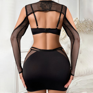 ชุดสี่ชิ้นสำหรับผู้หญิงชุดชุดชั้นในเซ็กซี่ชุดสี่ชิ้นสำหรับผู้หญิงดีไซน์เซ็กซี่ชุดชั้นในตาข่ายมีฮู้ดเอวกลวงกระโปรงสั้นสะโพก - Product Image 6