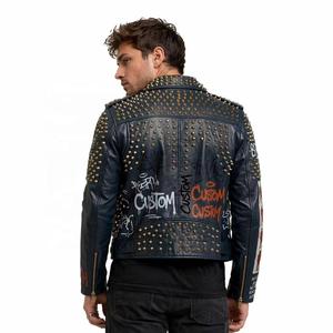 Chaqueta de Motero Azul Marino de Piel de Oveja con Tachuelas de Latón, Parche Bordado y Estampado Personalizado para Marca de Ropa Urbana Punk Rock, Venta al por Mayor OEM - Product Image 2