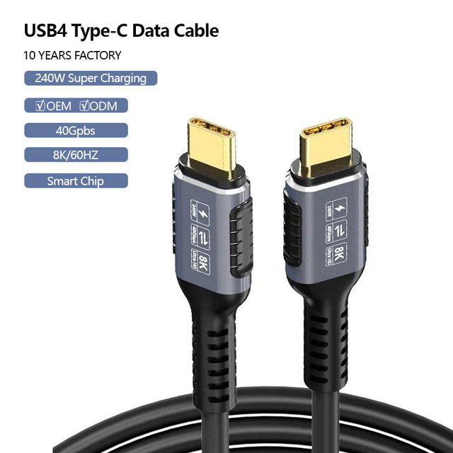 Type-C USB4 Cable 240W PD 40Gbps 8K Gold Plated Nylon Braided Metal 0.5m/1m/2m for Laptop Fast Charging