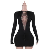 GHY6652 Robe Mini Noire Femme Sexy à Col Rond et Manches Longues, Modèle Ajouré Effet Bandage, Amincissante, Style Hipster