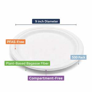 ProTakeOut [9"] Platos de Bagazo Compostables, Paquete de 500 (125/4), Libres de PFAS, Ecológicos, Platos Desechables de Caña de Azúcar Blanca - Product Image 4
