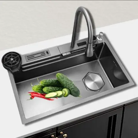 75cm*45cm Stainless Steel Handmade Undermount Round Corner Single Bowl Kitchen Sink with digital display faucet
