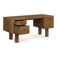 Bureau d'ordinateur artisanal en chêne brun de style mid-century, 66,5 pouces, avec 4 tiroirs arrondis, station de travail exécutive durable