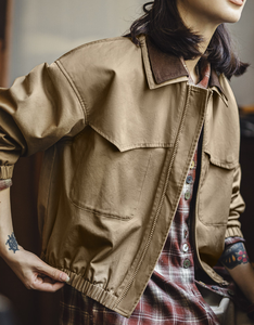 <span class=keywords><strong>Veste</strong></span> de travail rétro en <span class=keywords><strong>velours</strong></span> côtelé pour <span class=keywords><strong>femme</strong></span>, style ferme, couleur <span class=keywords><strong>kaki</strong></span>, coupe cintrée à la taille avec col contrastant, vêtement d'extérieur printemps - Product Image 3