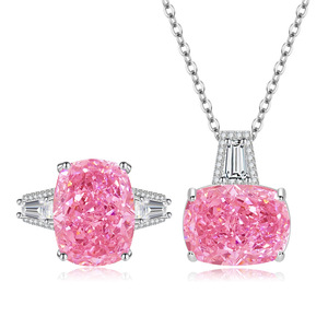 High Quality Custom 12*16mm Pink High Carbon Stone <b>Necklace</b> Bling Sorority Copper Cubic Zirconia Ice Out Jewelry Set - Product Image 1