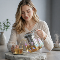 Ensemble théière moderne en verre transparent avec tasses à double paroi anti-brûlure, compatible cuisinière, en borosilicate, pour la préparation du thé