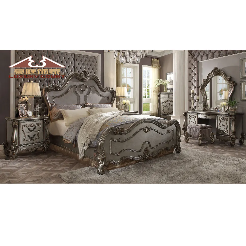 LongHao Furniture Wholesale Exclusive Luxury Royal Classic Carved Wood Silver Grey King Size Bedroom with Dresser Mirror Chest