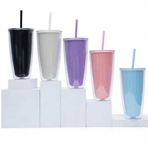 2026 Reusable Plastic Tumbler with <b>Straw</b> Wholesale Custom Logo Double Wall Pastel Coffee Cup Transparent Lid Cold <b>Drink</b> <b>Bottle</b> - Product Image 1