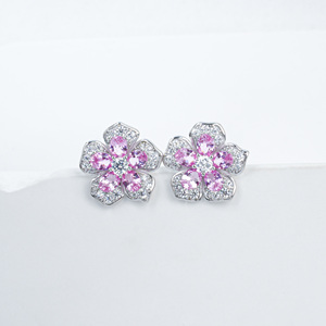 925 Sterling Silver Pink Sapphire CZ Flower <b>Stud</b> Earrings Women Fashion Jewelry - Product Image 1