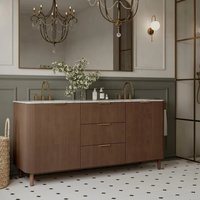 Meja Rias Kamar Mandi Kayu Solid Custom dengan Dua Wastafel, Pintu Beralur, Veneer Walnut, Furnitur Kamar Mandi dengan Top Marmer untuk Renovasi Rumah