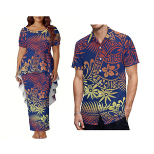 Tenues de couple pour dîner <span class=keywords><strong>polynésien</strong></span> - Robe Puletasi pour <span class=keywords><strong>femme</strong></span> en polyester à manches bouffantes style tailleur et chemise décontractée pour homme - Product Image 4