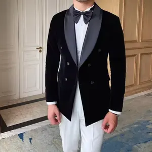 Blazer de terciopelo negro Conjunto de trajes de pantalón blanco Caballeros Chaqueta DE BODA formal Trajes de novio de doble botonadura retro para hombres