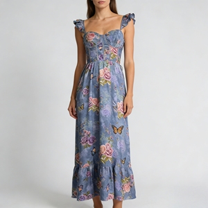 chinese dress ladies Audrey Printed Maxi Dress Butterfly Sleeves Patchwork Blue – Blue Boheme main image 1