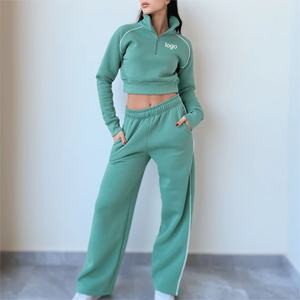 Conjunto de Pantalón y Top Regular Color Menta Personalizado para Mujer, Diseño Casual con Letras, Tela de Rizo, Cierre de Cremallera, Ecológico, MOQ Bajo, Ropa Deportiva Lisa - Product Image 1