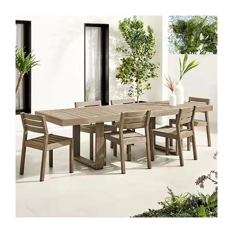 Furnitur Taman Luar Ruangan Modern, Meja Makan Kayu Jati dan Kursi Teras Meja Makan Kayu Solid Set Meja dan Kursi