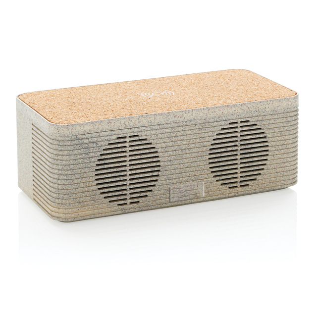 2 in 1 Multifunctional Eco Speaker With Wireless Charger Wheat Straw Cork Wireless Charger Wireless Sound Box Corporate Gift
