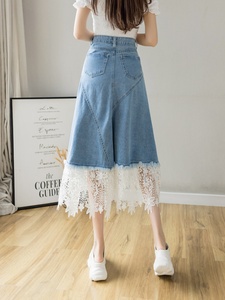 Wholesale 2026 Summer New Fashionable Mid Length High Waisted Slimming Pleated A-line Lace <strong>Patchwork</strong> Denim Women's <strong>Skirt</strong> - Product Image 5