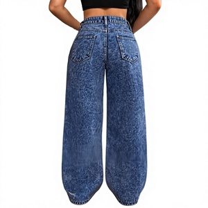 Jeans décontractés pour femmes à jambe large, taille haute, bleu délavé, déchirés et effilochés, style streetwear, en denim, vente en gros ODM/OEM - Product Image 3