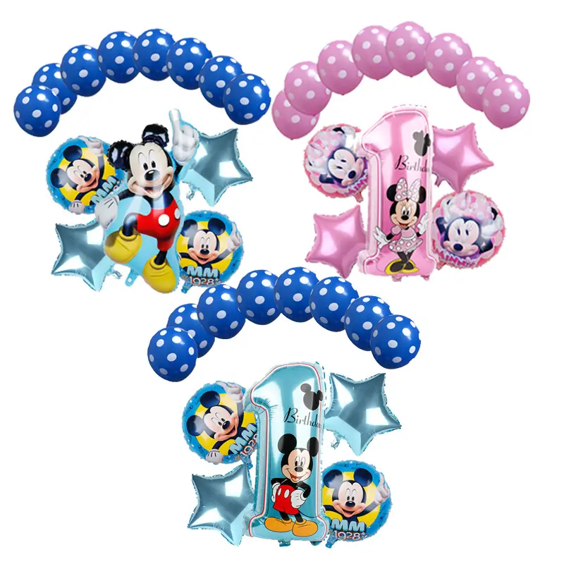 Wholesale cartoon blue pink Mickey Minnie mouse print foil balloon set happy birthday baby shower balloons party decorations