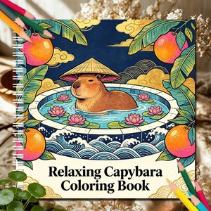 Carnet de coloriage spirale personnalisable Capybara fantaisie – <span class=keywords><strong>Livre</strong></span> de coloriage premium sur le thème des sources chaudes tropicales pour adultes et adolescents - Product Image 1