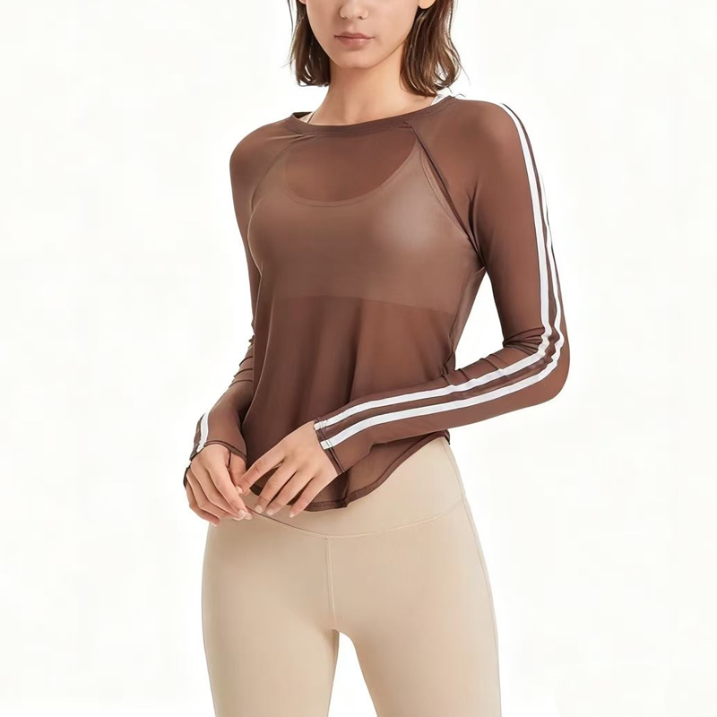 Two-Line Design Yoga Shirts Women Mesh Breathable Quick Drying Top Round Neck Loose Long Sleeve T-shirt for Gym Running