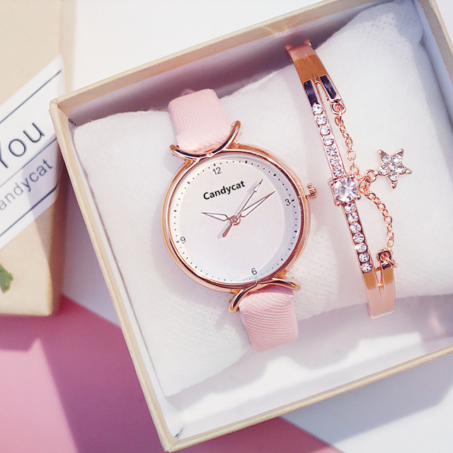 Fashion Simple Women Bracelet Watches Casual Leather Strap Ladies Wrist Watches With Bracelet Set Quartz Wristwatch Female