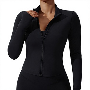 Veste de sport pour femmes à manches longues, col montant, fermeture éclair, respirante, coupe-vent, extensible, en spandex/nylon, couleur unie - Product Image 2