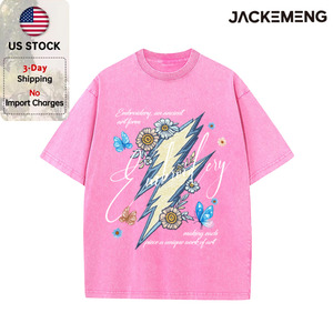 Camiseta al por mayor 100% algodón con bordado floral relámpago, estilo oversize retro hip hop streetwear, camiseta para hombre desde almacén de EE. UU. - Product Image 2