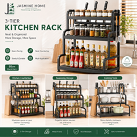 Organisateur de cuisine à 3 niveaux grande capacité, étagère à épices de 50 cm avec porte-couteaux latéral, crochets et étagère à bouteilles