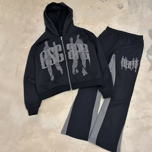 Survêtement appliqué à broderie en détresse pour hommes survêtement à capuche et pantalon ensemble survêtement de jogging ensembles de survêtement de haute qualité - Product Image 1