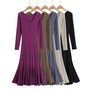 New Style Stylish Sexy Women's Round Neck Button Stretchy Slim Fit Long Sleeve Flared Dress
