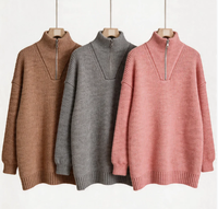 Pull-over col roulé demi-zip en maille côtelée épaisse de qualité supérieure, coupe décontractée à épaules tombantes, motif côtelé vertical