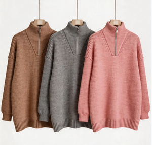 Pull-over col roulé demi-zip en maille côtelée épaisse de qualité supérieure, coupe décontractée à épaules tombantes, motif côtelé vertical - Product Image 2