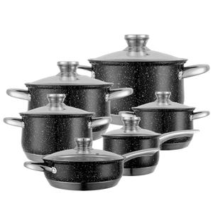 Venta caliente negro 12PCS Acero inoxidable Forma del vientre Juego de utensilios de cocina Juego de cazuela con sartén - Product Image 1