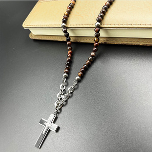 Fatingna Kreuz und Perlen Stein Tigerauge Perlen Rosenkranz Halskette Edelstahl Naturstein Perlen Lange Halsketten für Männer - Product Image 4