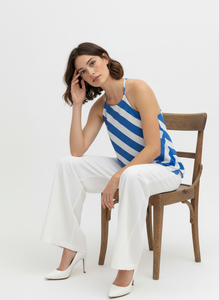 Haut Halter Rayé Bleu et Blanc Classique et Élégant pour Femme – Tissu Cambric Doux et Léger – Tenue Décontractée Tendance Estivale Rétro - Product Image 2