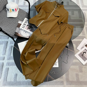 Completo Estivo da <span class=keywords><strong>Donna</strong></span> alla Moda, <span class=keywords><strong>Abbigliamento</strong></span> Femminile, Set 2 Pezzi con Zip e Maniche Corte, Pantaloni a Gamba Larga, Tuta Sportiva <span class=keywords><strong>Casual</strong></span> - Product Image 3