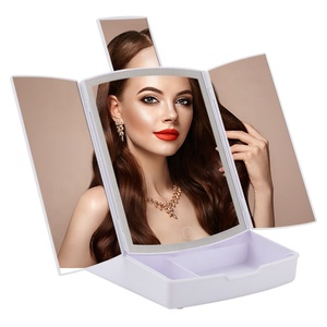LED Makeup Box Lighted Storage Box Cosmetics Trifold Jewelry USB Charging Makeup Mirror