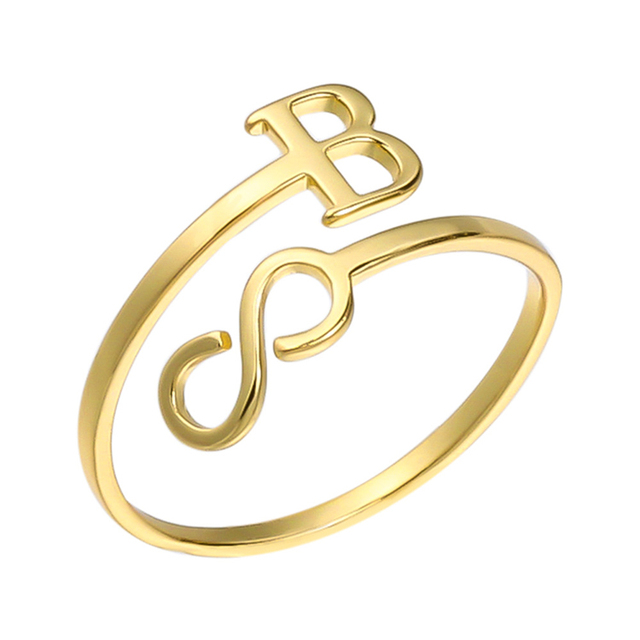 Stainless Steel Gold Plated Finger Ring Custom Personalised Initial Alphabet 26 Letter Open Adjustable Ring for Men Women