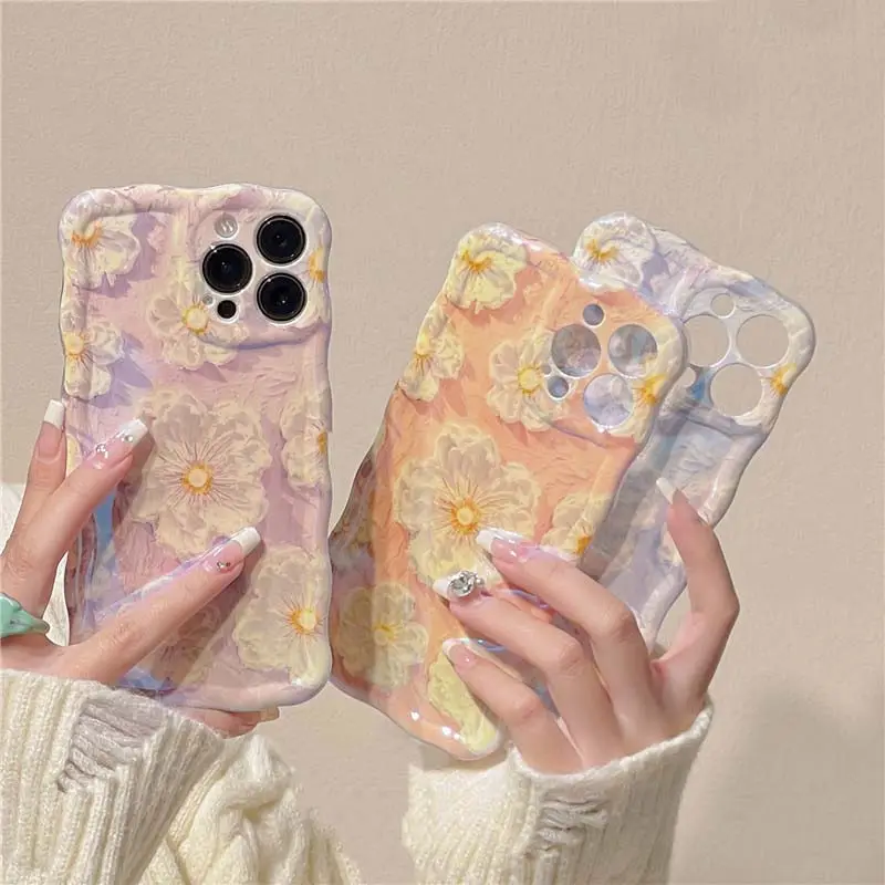 NEW 2023 Wavy Edge Laser Floral Flowers Phone Case for iPhone 14 Pro Max 13 12 Pro Max 11 Cover Protective Women Cute Soft Cases