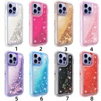 Coque de téléphone en TPU+PC avec paillettes liquides orange brillantes et service de découpe pour iPhone 14/13/12/11 Pro Max/Mini/X