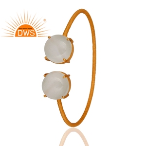Round White Moonstone Gemstone Bangle Textured Yellow <b>Gold</b> Plated Silver <b>Adjustable</b> Bangle Jewelry Supplier - Product Image 2