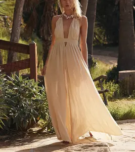 Vestido boho sem costas, vestido de praia solto com corda ajustável, decote em V profundo, ideal para mulheres, novidade de 2024