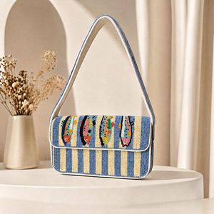 Sac à main rectangulaire en coton brodé à la main avec motif de poisson, rayures bleues et crème - Product Image 1