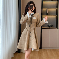 Robe courte en tweed pour femme, manches longues, col noué, détail volanté, coupe évasée, pour l'automne et l'hiver, à porter au quotidien