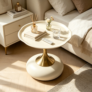 Table basse moderne de luxe, plateau en verre trempé blanc crème, base en métal doré brossé, meubles de salon - Product Image 2