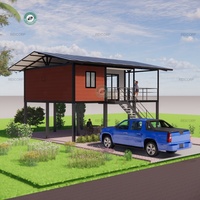 Maison conteneur de 39 m² avec 2 chambres, sur pilotis et véranda de 24 m², toit à double pente, maison préfabriquée modulaire au Cambodge